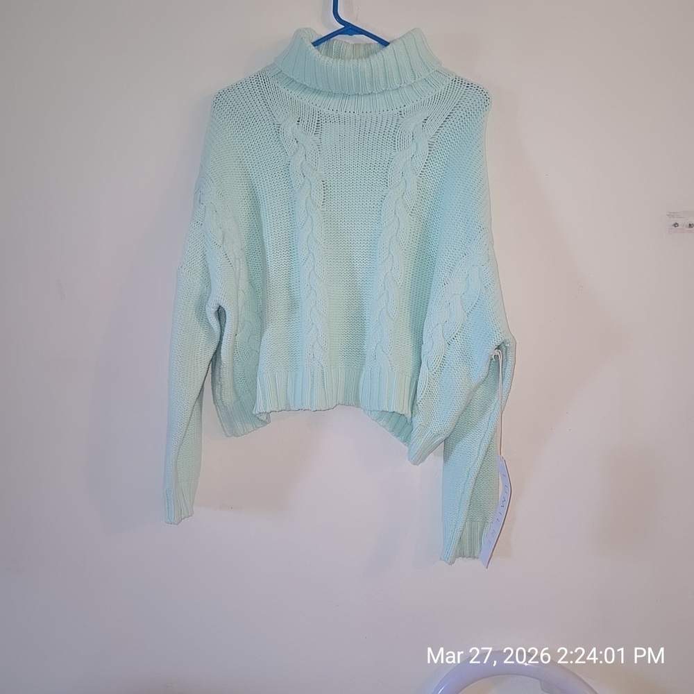 Light Mint Cable Knit Turtleneck Sweater - Women
